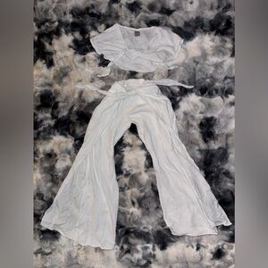 White Two-Piece Wrap Top and Wide-Leg Pants Set